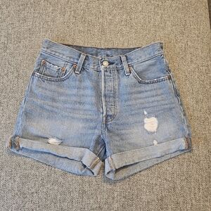 Levis Shorts Womens 25 Blue Denim Jean 501 Cuffed Distressed Button Fly Summer